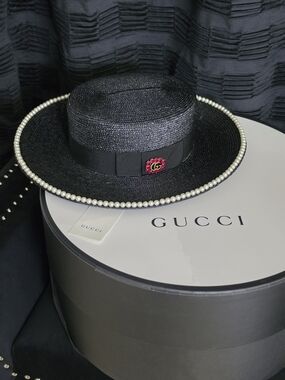 Gucci Black Straw Pearl-Trim Boater Hat